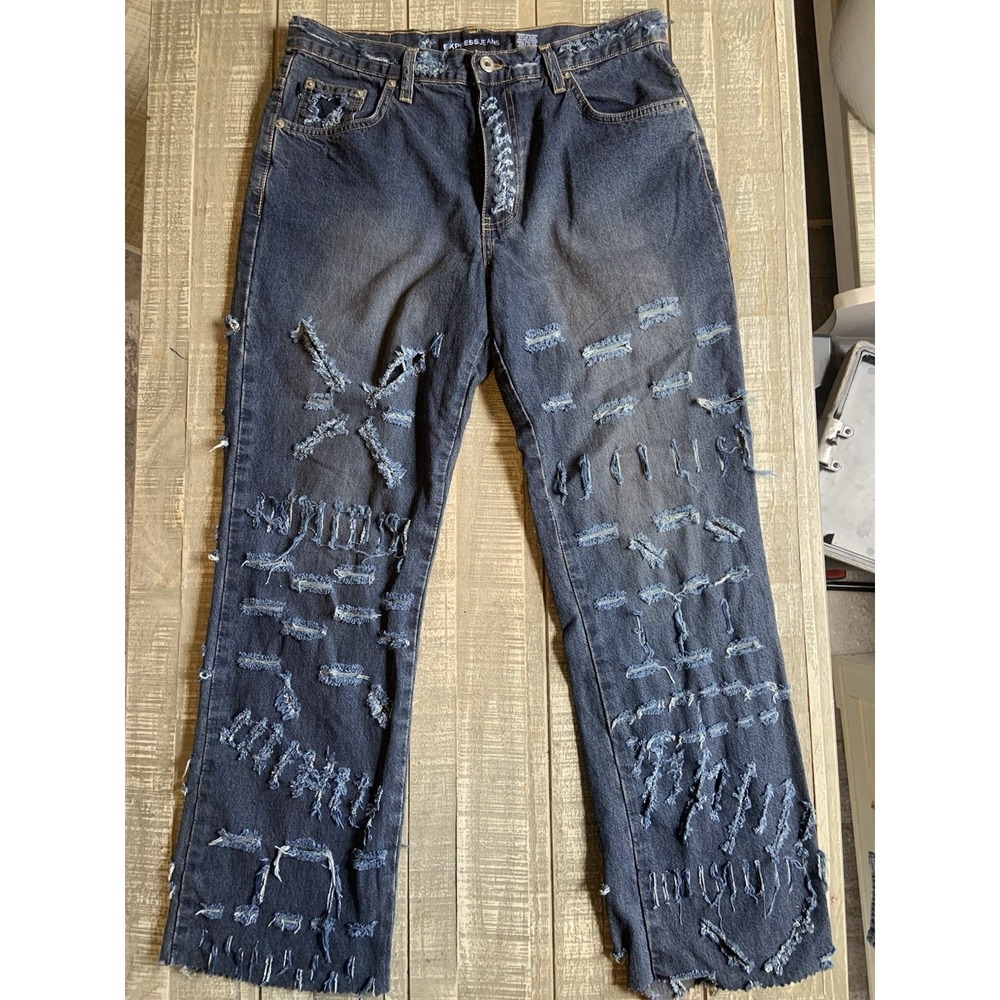 Express 90s Bootcut Jeans Womens Size 9 Blue Denim Ripped Dark Wash Mid Rise Y2K